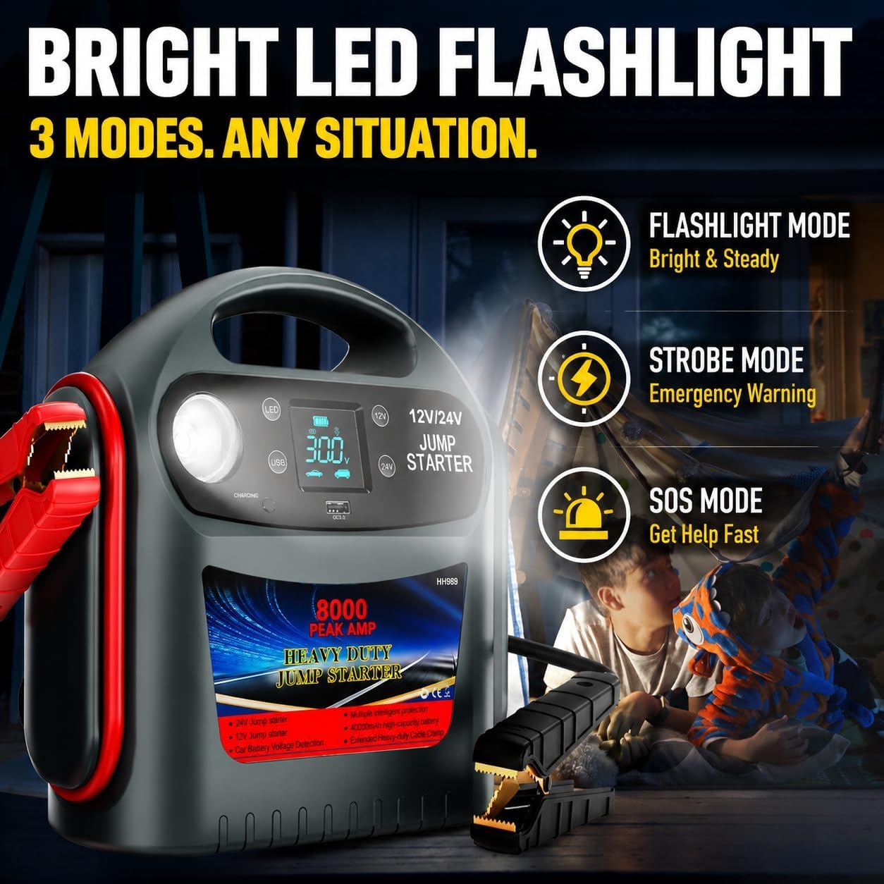 8000A Car Battery Jump Starter, Heavy Duty Jump Box for Gas & Diesel Vehicles, 12V/24V Portable Power Pack with LED Light for Trucks, SUVs