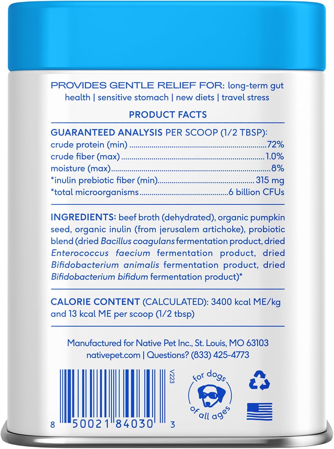 Native Pet Probiotics for Dogs – Dog Probiotic Powder for Gut & Digestive Health, Vet-Formulated 6B CFUs Dog-Specific Probiotic Strains