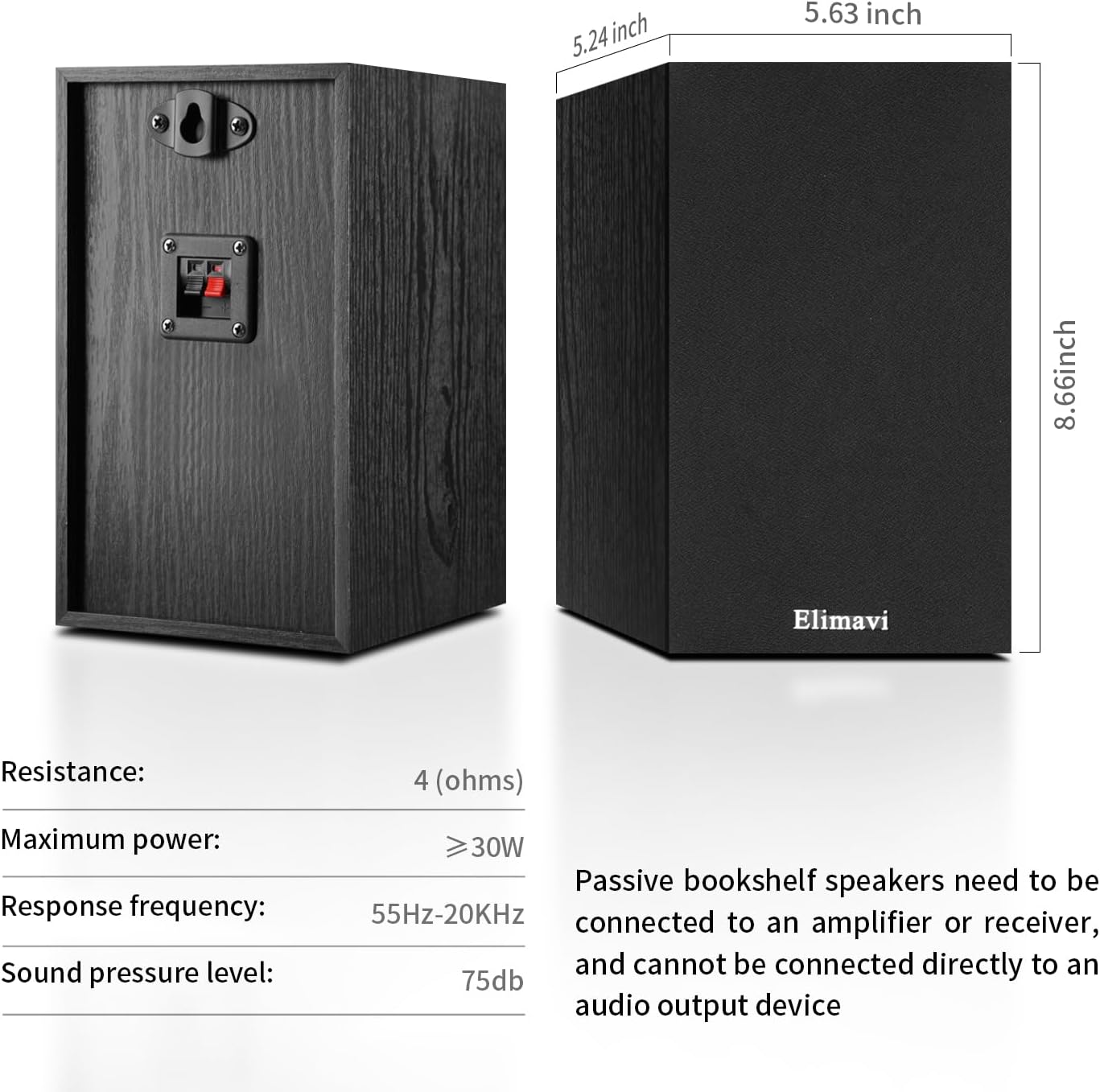 Elimavi Passive Bookshelf Speakers, Requires a Receiver or Amplifier, Brown | 2-Way Design with 4" Woofer & 1" Silk Horn Tweeter, 60Hz Bass, Rear Speakers for Home Theater Surround Sound, Cables included