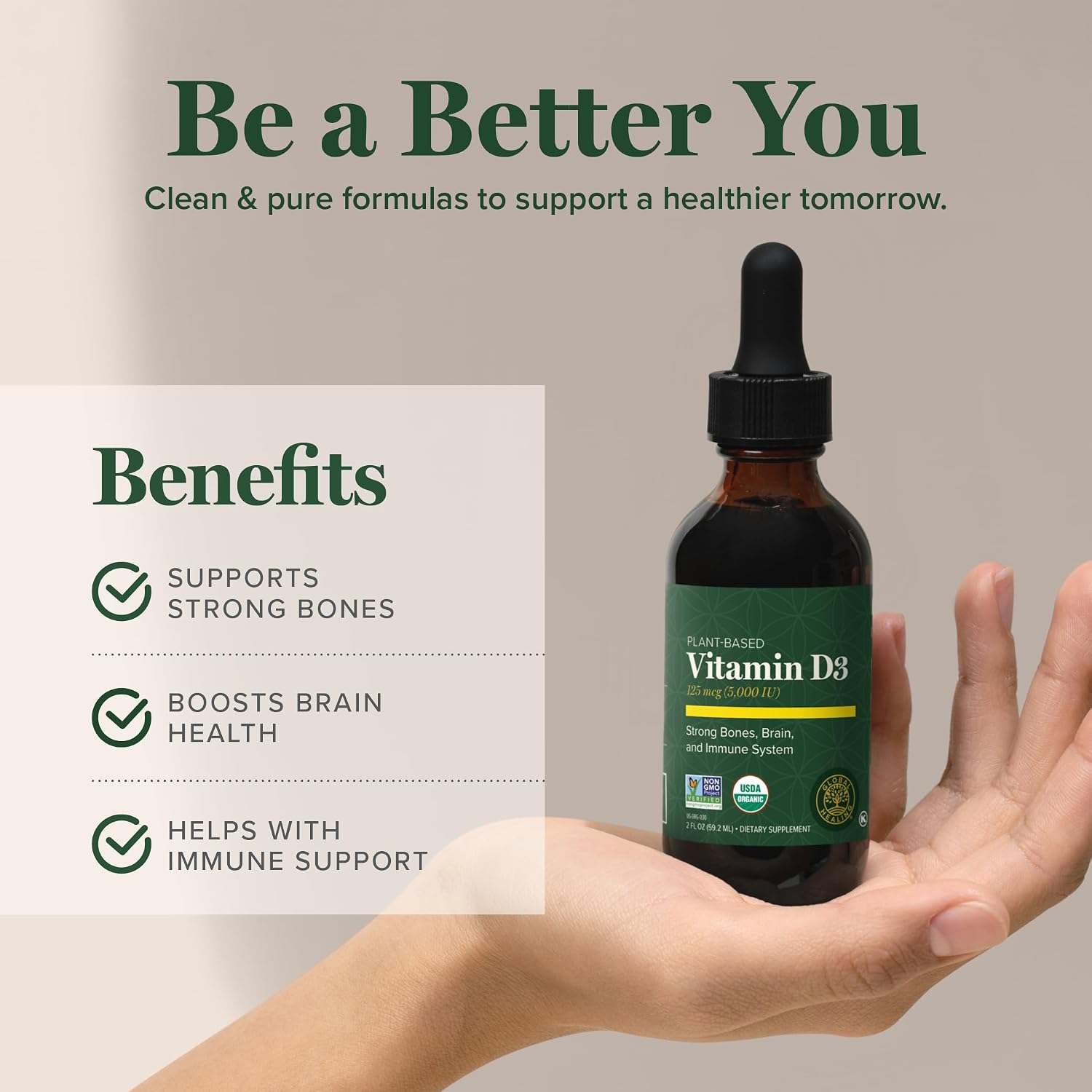 Vitamin D3 5000 IU Liquid Drops, Vegan, Immune & Bone Support (2 Oz)