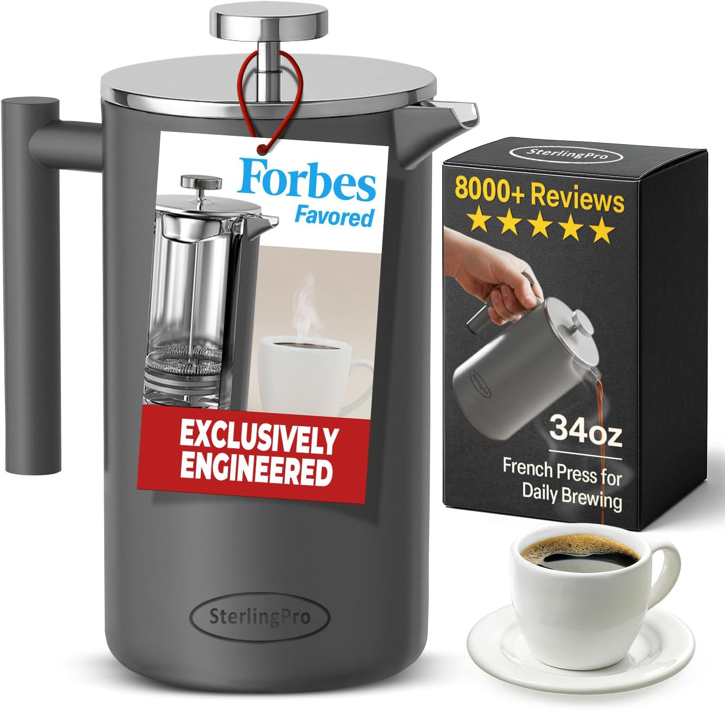 SterlingPro Large Insulated Stainless Steel French Press Coffee Maker 51oz Capacity (44 oz Brew Yield) – Double Wall Metal Coffee Press | Plastic Free | Cool-Touch | Mirror Finish | 12 Cups / 6 Mugs