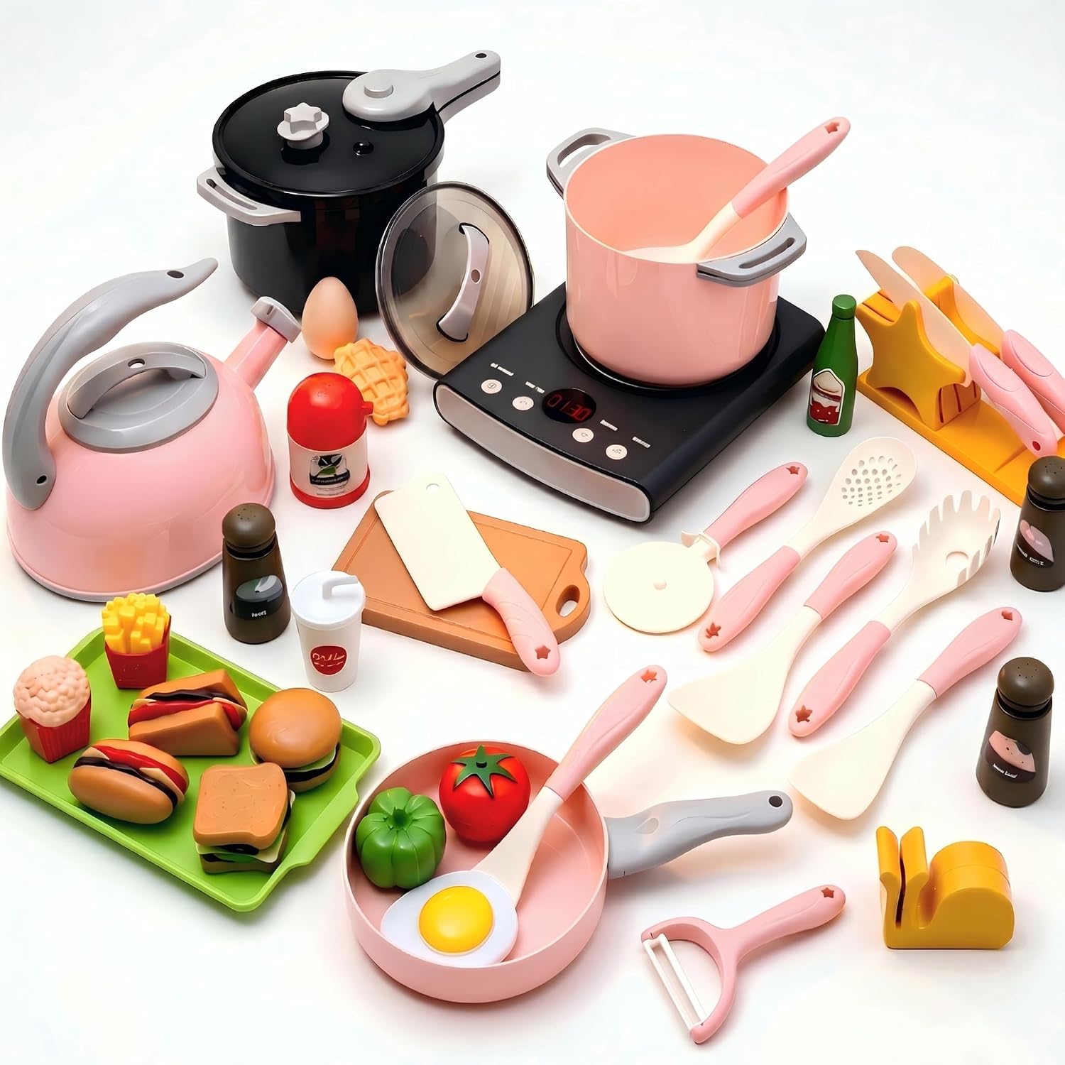CUTE STONE Pretend Play Kitchen Toy with Cookware Steam Pressure Pot and Electronic Induction Cooktop, Cooking Utensils, Toy Cutlery, Cut Play Food