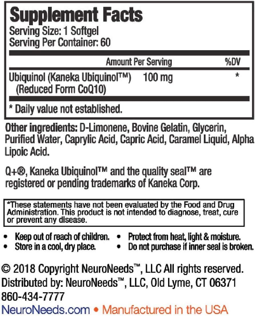 QNeeds® coqh-cf Ubiquinol 100 mg COQ10 Clinically Proven Enhanced Delivery for Maximum Absorption, Enhanced Mitochondrial Support
