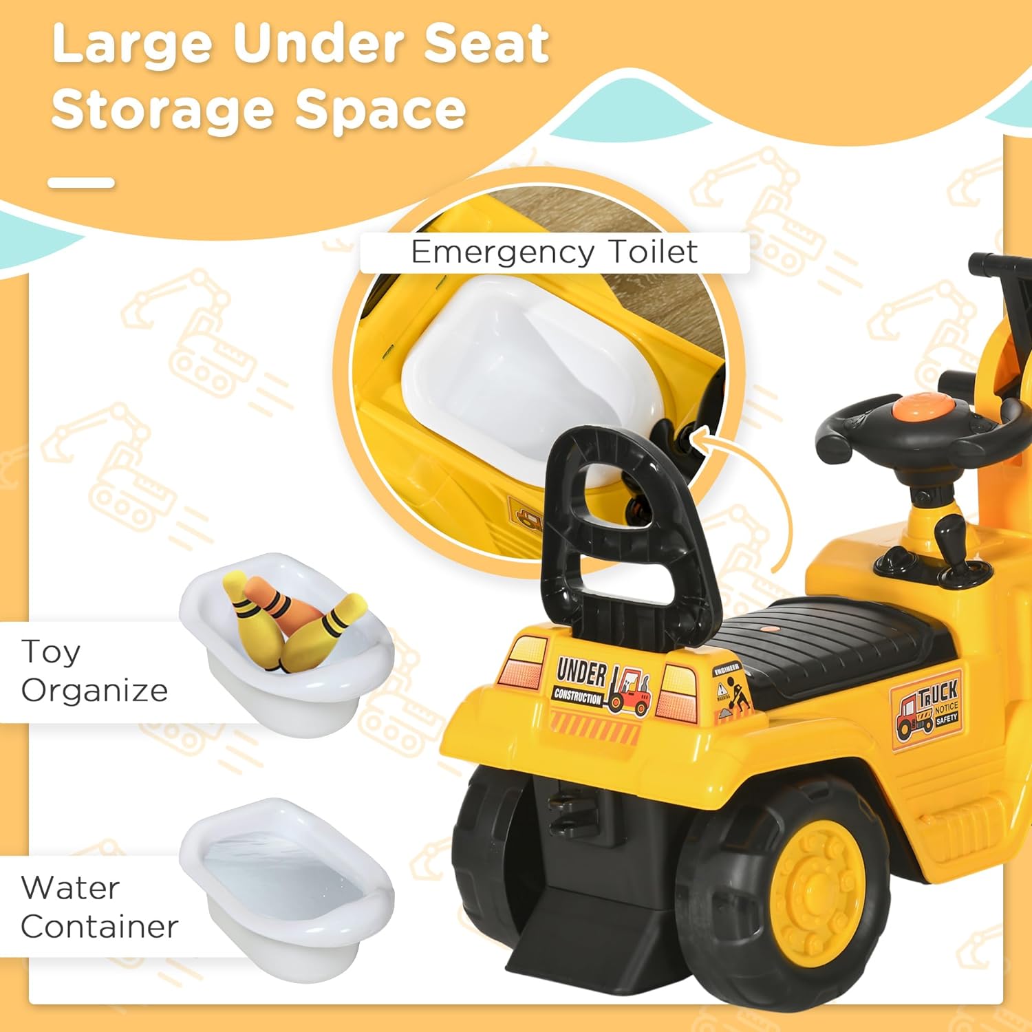 HOMCOM Ride On Excavator Ride On Bulldozer with Horn, Under Seat Storage