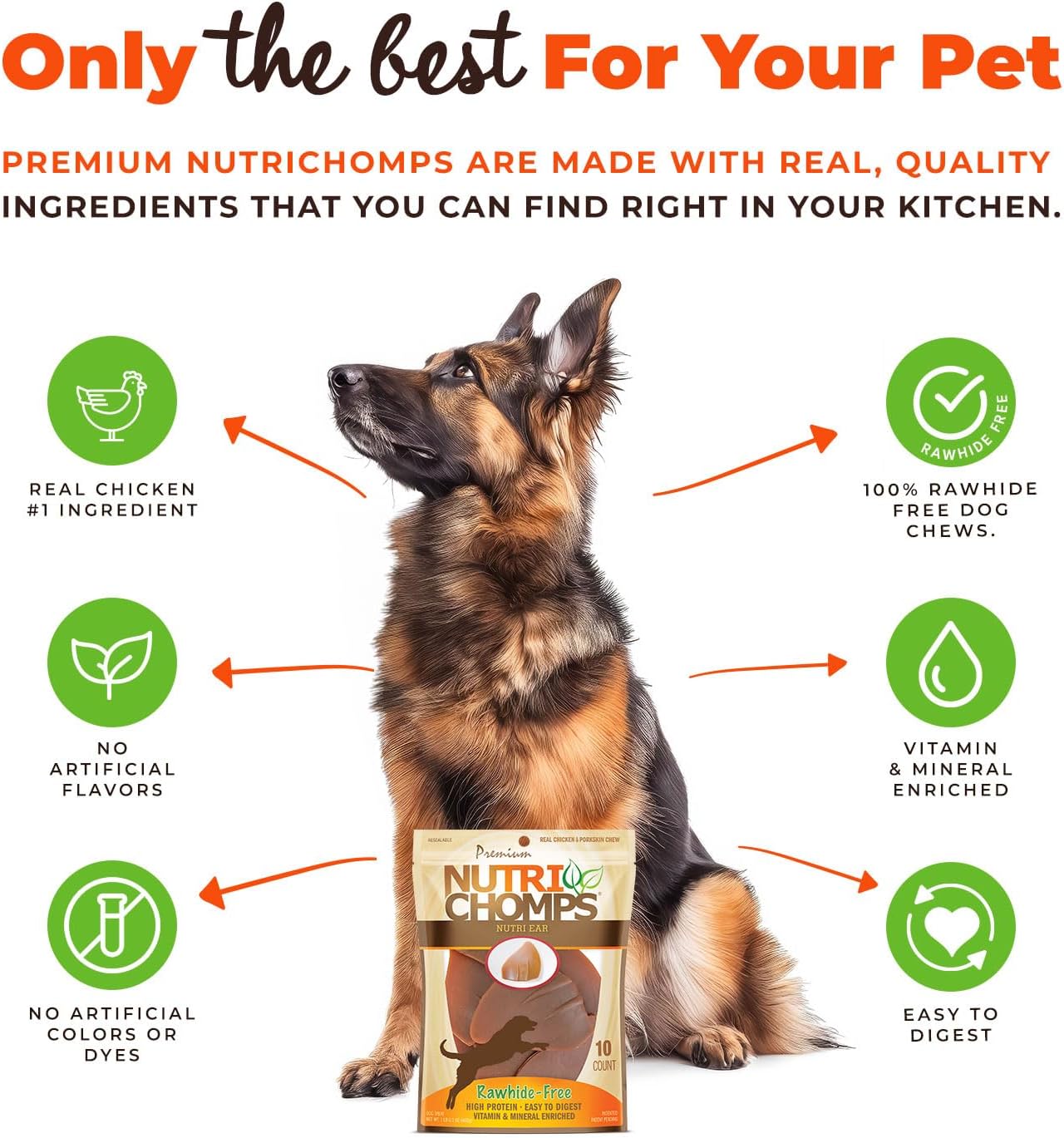 NutriChomps Rawhide-Free Dog Chews, Ear-Shaped, Chicken, 10 Count