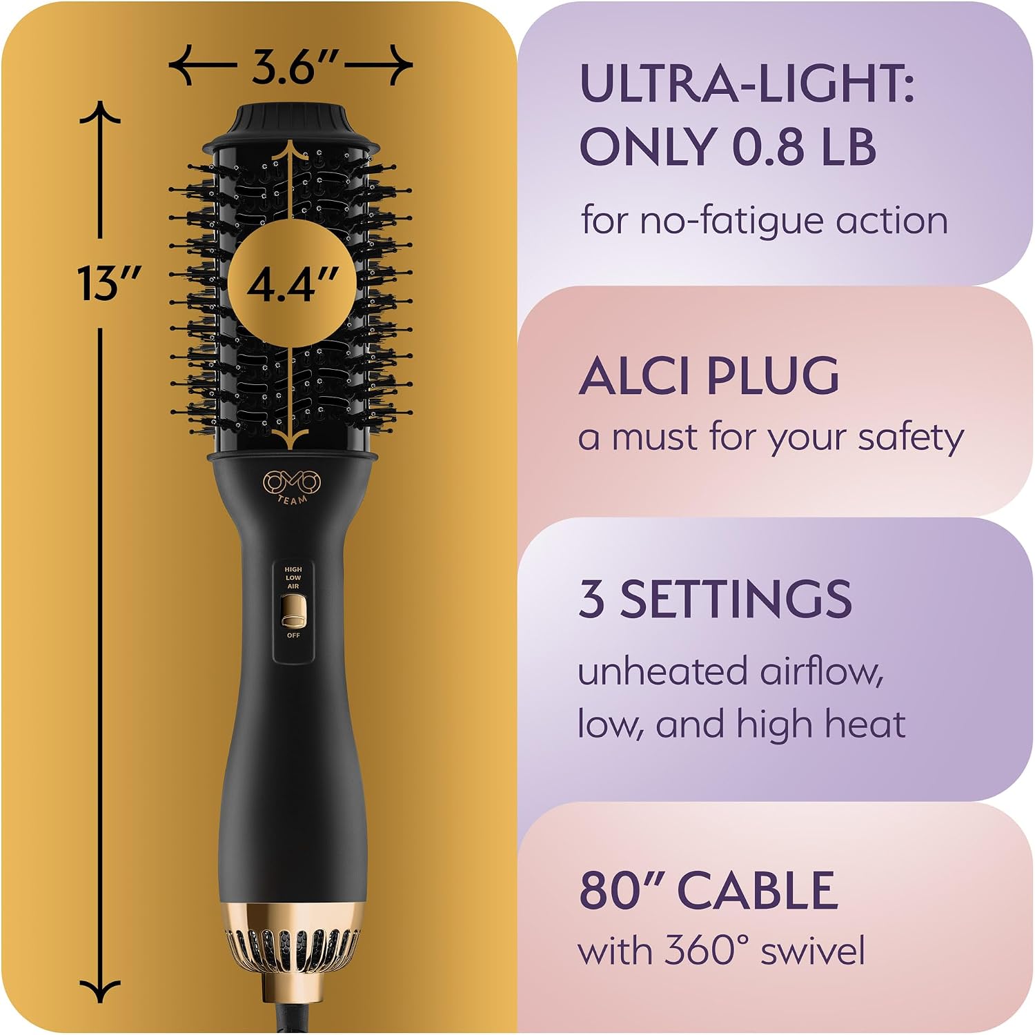 Professional Blowout Hair Dryer Brush, Black Gold Dryer and Volumizer, Hot Air Brush for Women, 75MM Oval Shape (Black Gold)