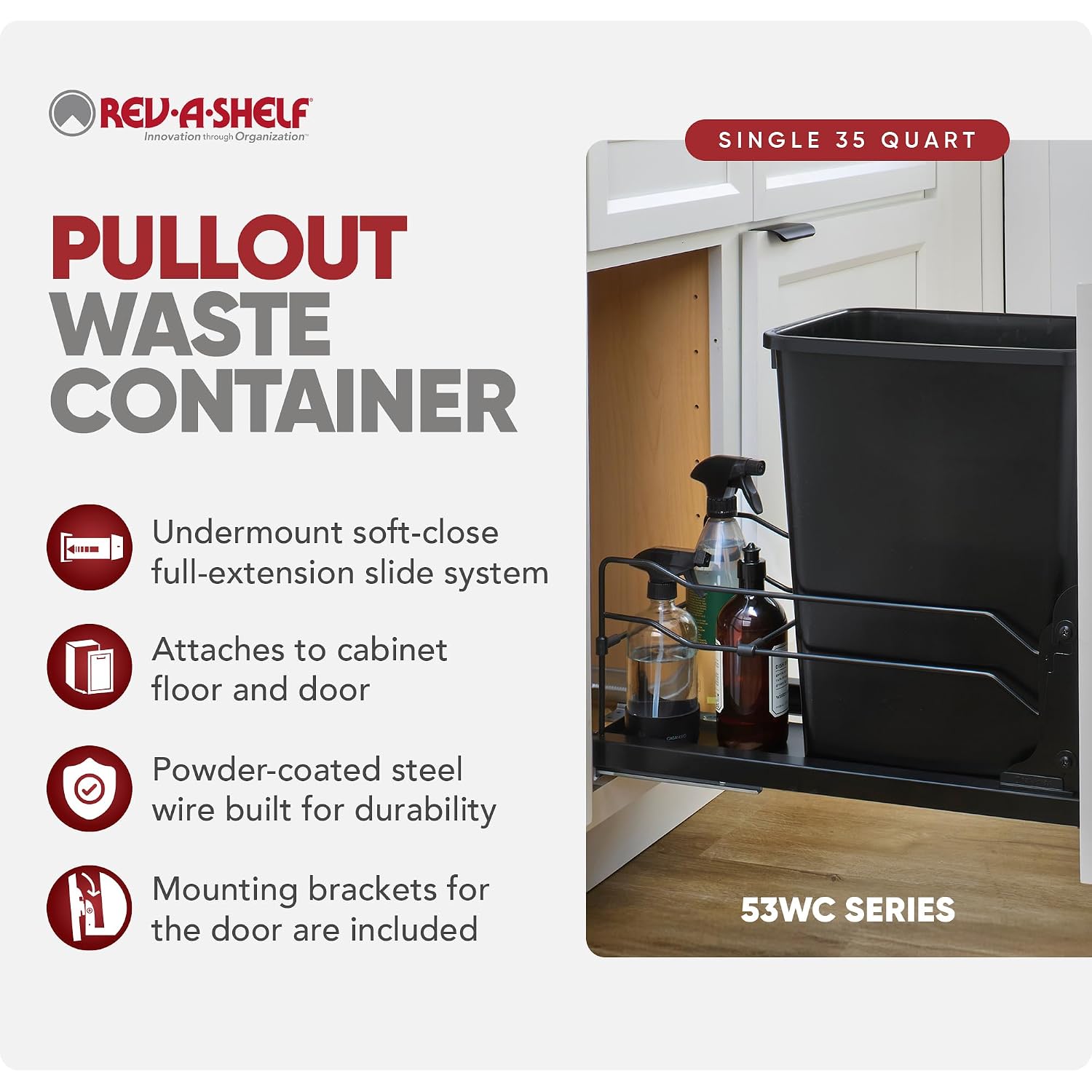 Rev-A-Shelf 35 Qt Pull Out Trash Can with Soft Close for Under Kitchen Cabinets, Min Opening Width of 11.5", Metallic Silver, 53WC-1535SCDM-117
