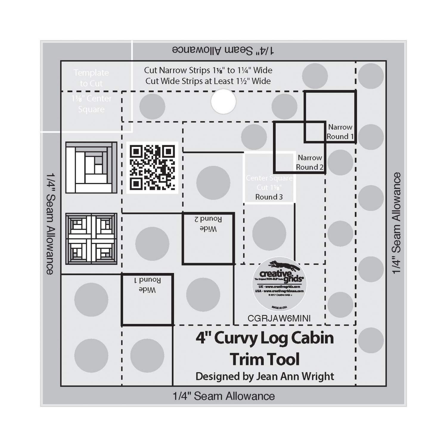 Creative Grids 4in Curvy Log Cabin Trim Tool Quilt Ruler – CGRJAW6MINI – Made in USA, 4-1/2in x 4-1/2in, Non-Slip Grip Acrylic Quilting, Sewing