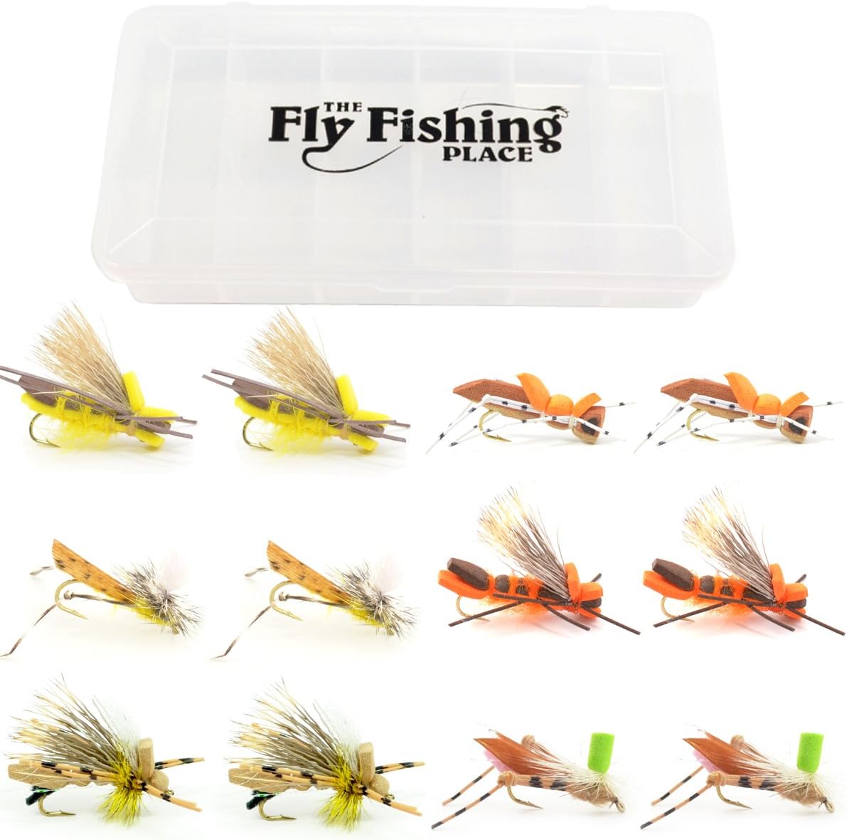 The Fly Fishing Place Bitterroot River Foam Hopper Fly Fishing Flies Assortment - 12 Flies - 2 Each of 6 Trout Flies with Fly Box