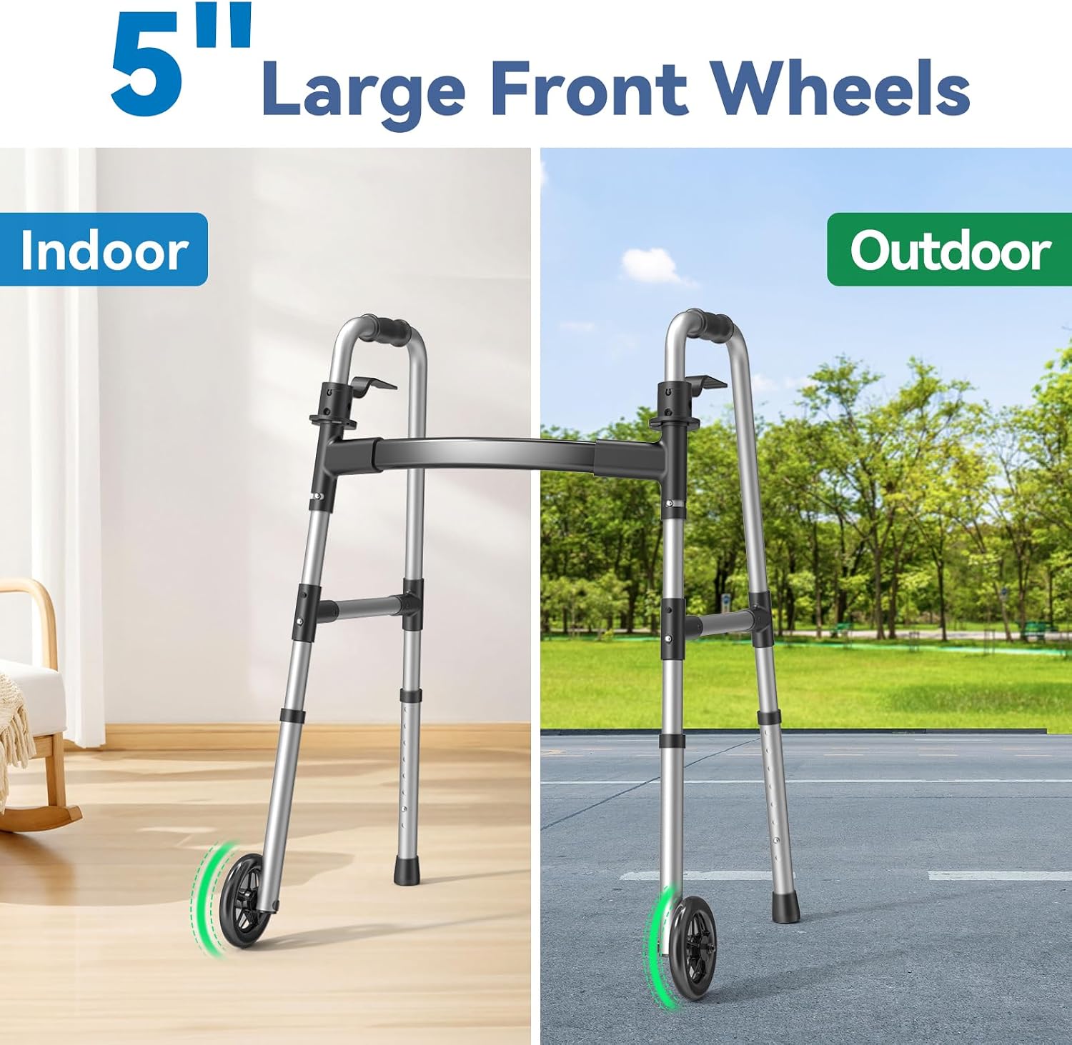 Loyoda Folding Walker with Basket and Glide Skis, 5" Wheels, Lightweight | Standard Walker for Seniors and Adults, Offers 8 Height Adjustments (31"-38"), Supports up to 350 lbs