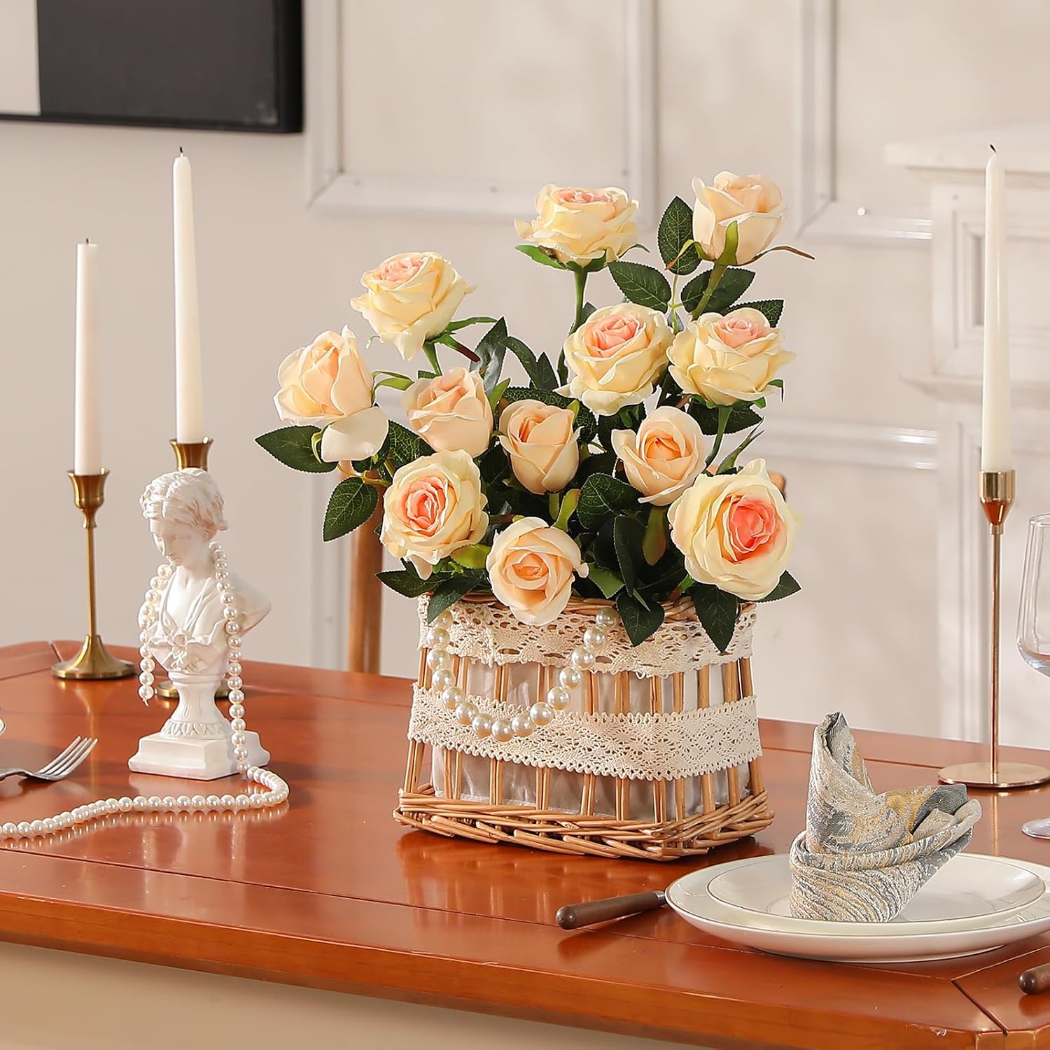 Hawesome 12PCS Artificial Silk Flowers Realistic Roses Bouquet Long Stem for Home Wedding Decoration Party (Yellow, 6 Flowers 6 Buds)