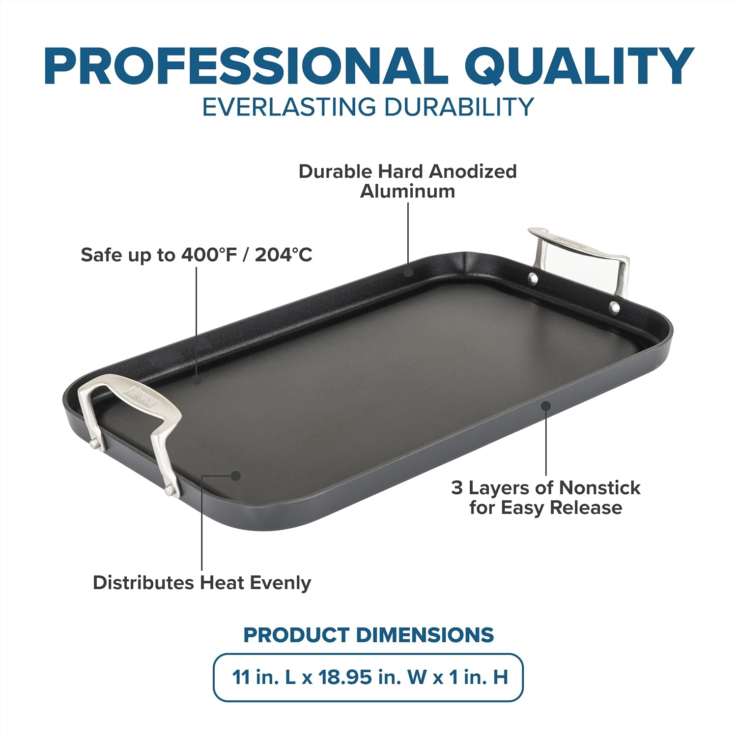 Viking Nonstick Double Burner Griddle, 19 x 11 Inch Hard Anodized Kitchen Grill Pan with Handles, Oven Safe, Works on Gas, Ceramic