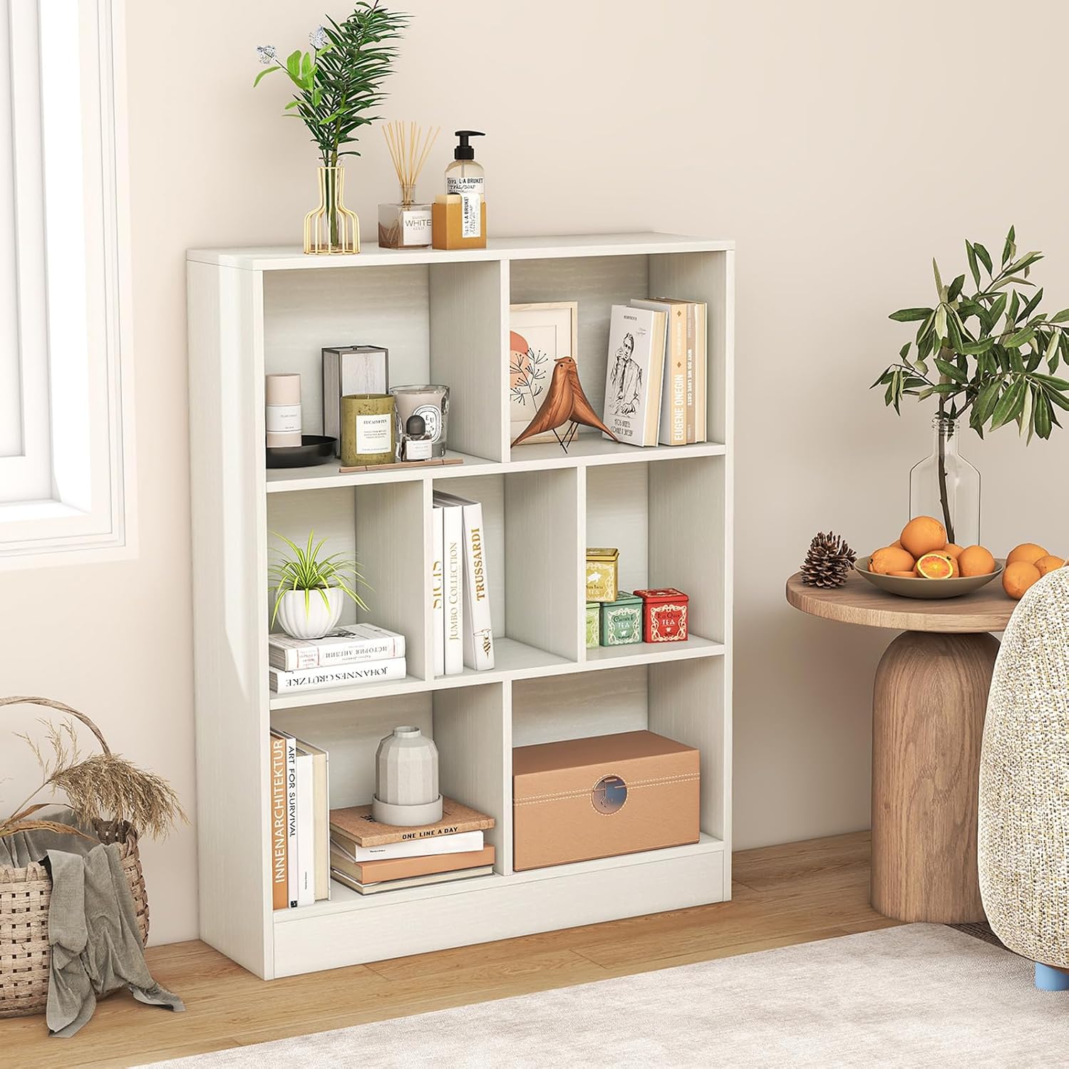 Giantex 8-Cube Bookcase, 3-Tier Cubby Bookshelf, Horizontal Vertical Display Rack with Anti-Tipping Kits, Modern Storage Organizer Shelf Unit for Bedroom, Living Room, Study (Natural, 8-Cube)