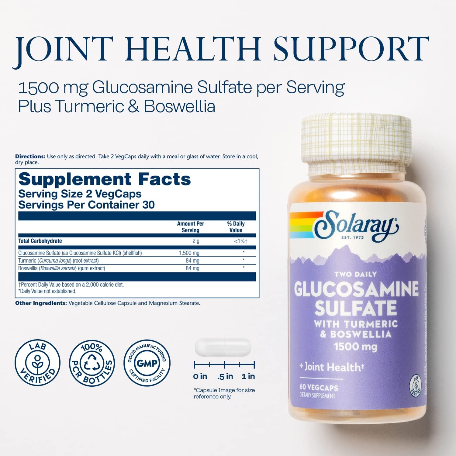 SOLARAY Glucosamine Sulfate 1500 mg, 120 VegCaps | Joint Mobility & Connective Tissue Support - Glucosamine, Turmeric & Boswellia - 60 Servings - Lab Verified