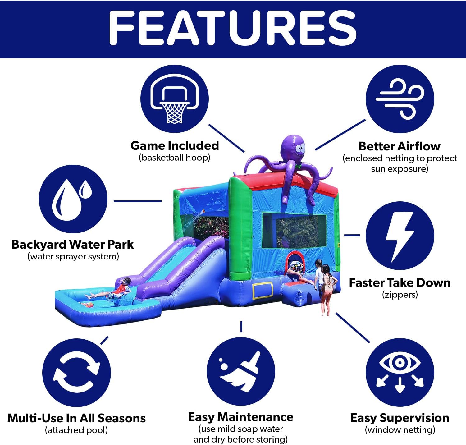 JumpOrange 25x13ft Octopus Commercial 15oz PVC Bouncer Slide Combo with Pool