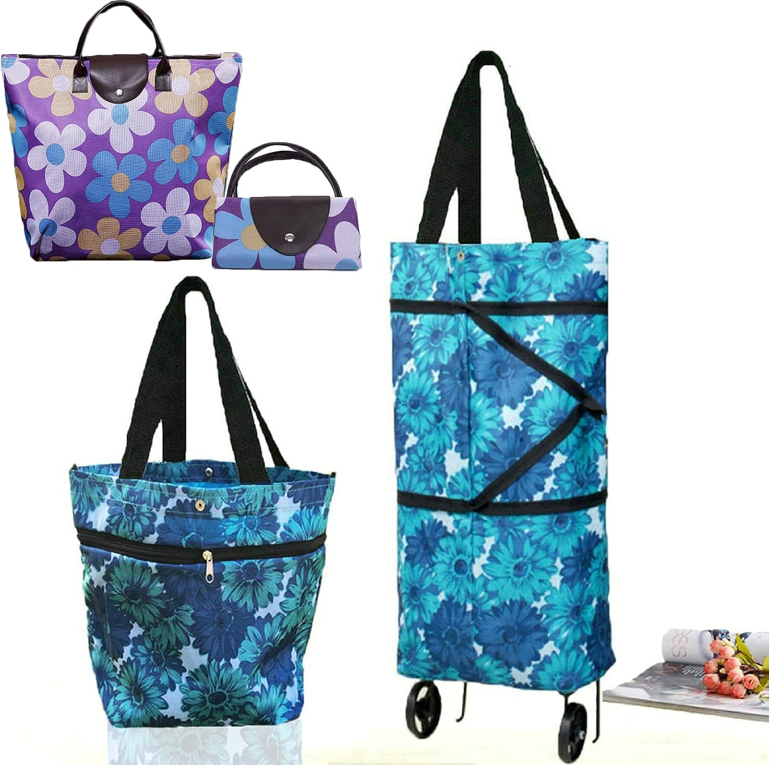 Collapsible Shopping Bag with Wheels Portable Shopping Cart with 360° Swivel Wheels Rolling Tote Bag Reusable Grocery Bag Trolley Bag on Wheels for Travel Shopping and Daily Use(Blue)