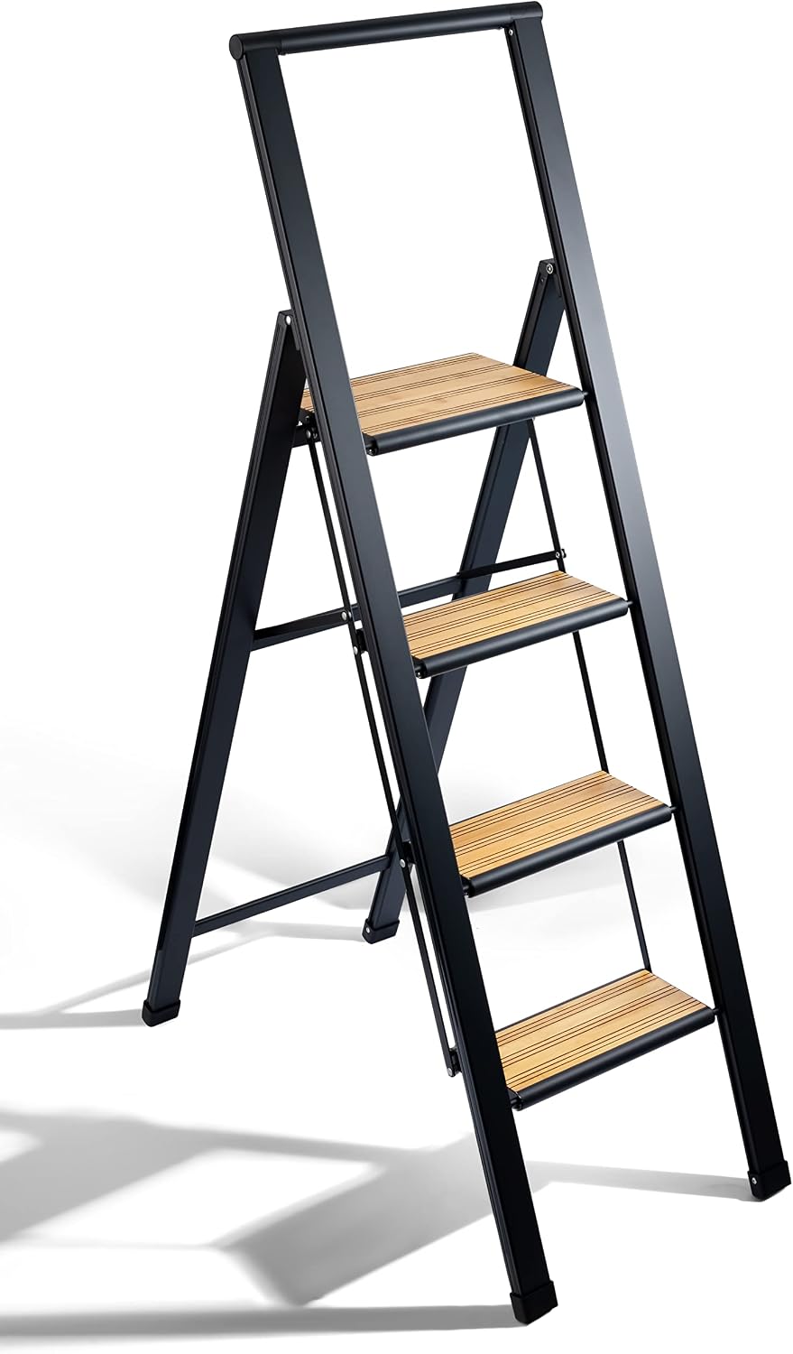 Step Ladder 2 Step Folding, Decorative - Beautiful Bamboo & Silver Aluminum, Ultra Slim Profile, Anti Slip Steps, Sturdy-Portable for Home, Office