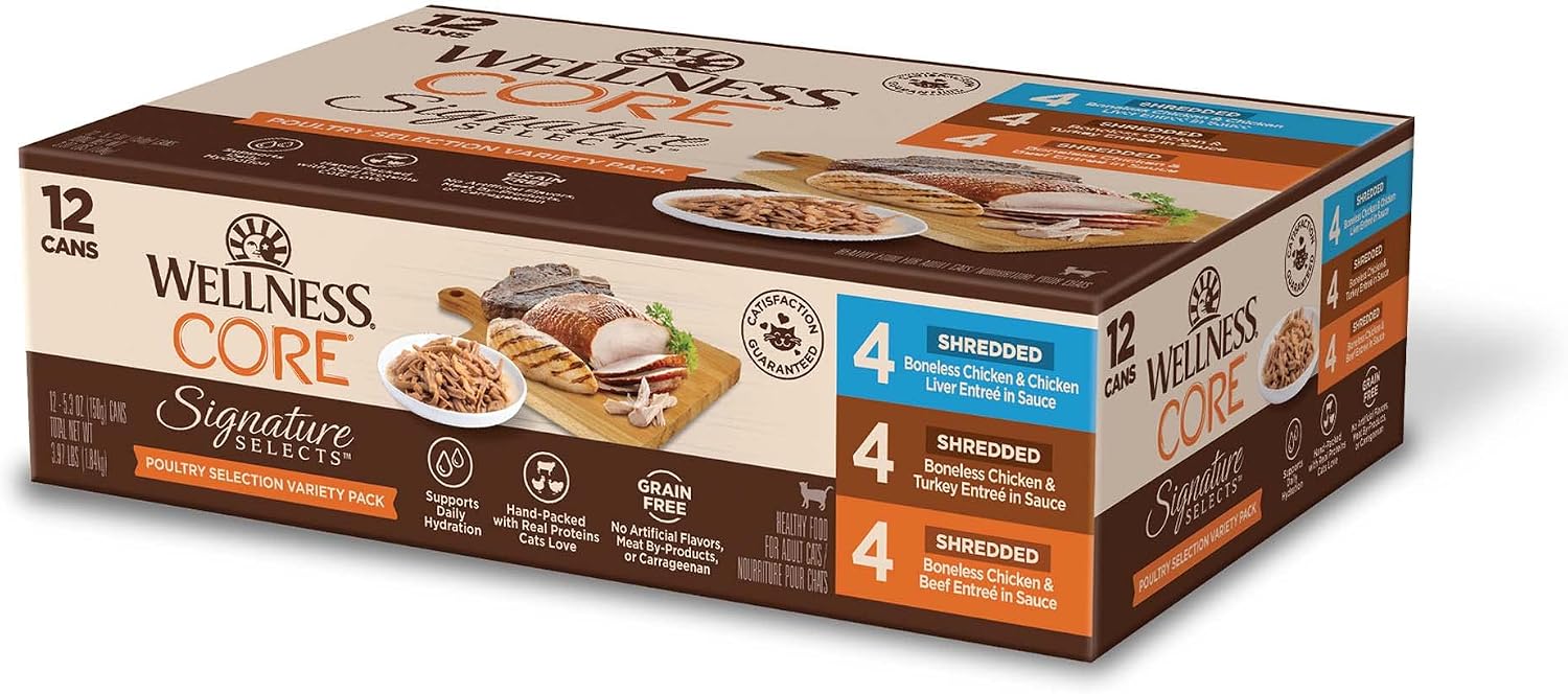 Wellness CORE Signature Selects Variety Pack Adult Canned Wet Cat Food, Natural, Protein Rich, Grain Free, Poultry Recipes, 2.8 oz, Pack of 8 Cans