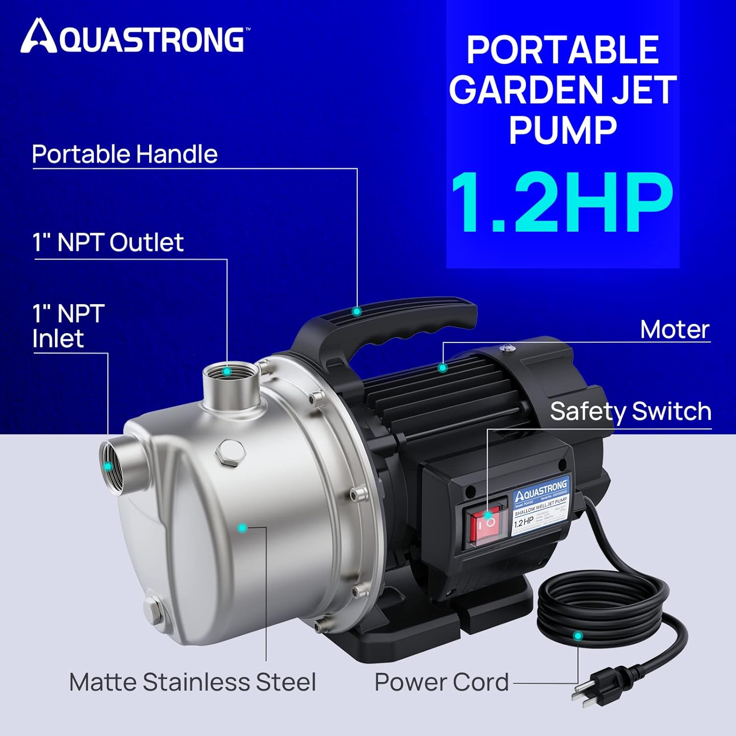 Aquastrong 115V Shallow Well Garden Pump, Stainless Steel, 1210 GPH, Water Transfer Draining Irrigation Sprinkler Pump, for Lawn, Garden