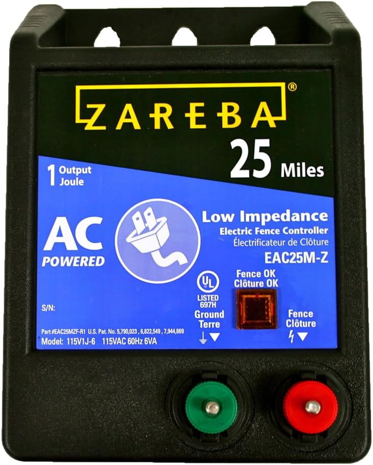 Zareba 25 Mile AC Powered Low Impedance Electric Fence Charger - Plug In Fence Charger - Contain Bulls, Cattle, Dogs, Exotics, Horses & More - Keep Predators Out - EAC25M-Z