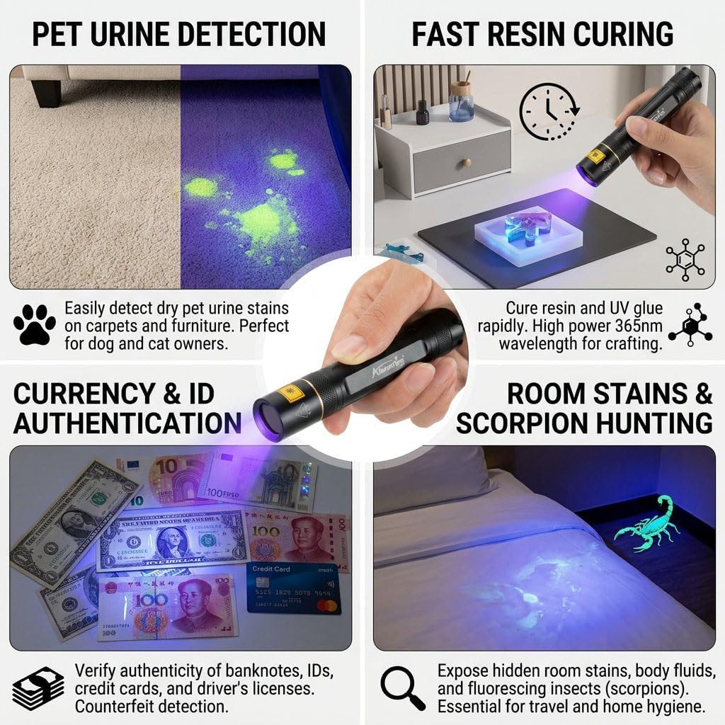 ALONEFIRE SV003 10W 365nm UV Flashlight Portable USB Rechargeable Woods Lamp Black Light for Pet Urine Detection, Resin Curing, Scorpion, Fishing
