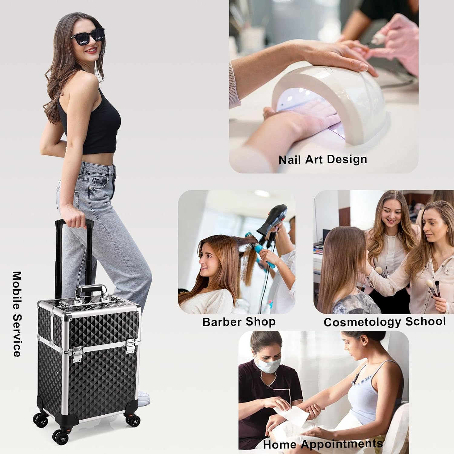 Stagiant Rolling Makeup Train Case Large Storage Cosmetic Trolley 4 Tray with Sliding Rail Removable Middle Layer with Key Swivel Wheels Salon