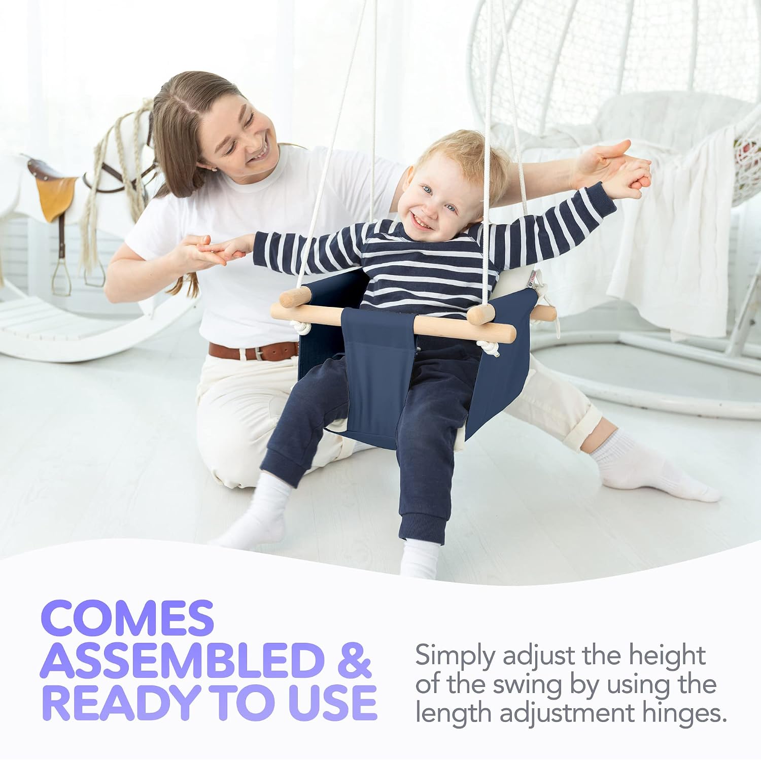 CaTeam Canvas Baby Swing Seat with 5-Point Safety Belt — Wooden Hanging Toddler Swing, Indoor & Outdoor, Ages 1-4, Ceiling Mount Hardware Included