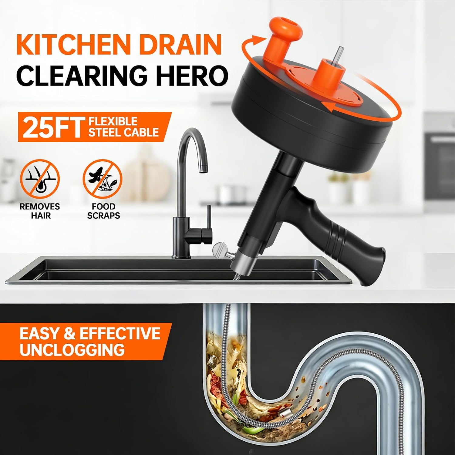 25ft Drain Auger Heavy Duty, Professional Plumbing Snake with Drill Adapter, Manual & Powered Clog Remover for Kitchen, Bathroom, Shower Sink & Bathtub, Flexible Pipe Snake Cleaner with Gloves