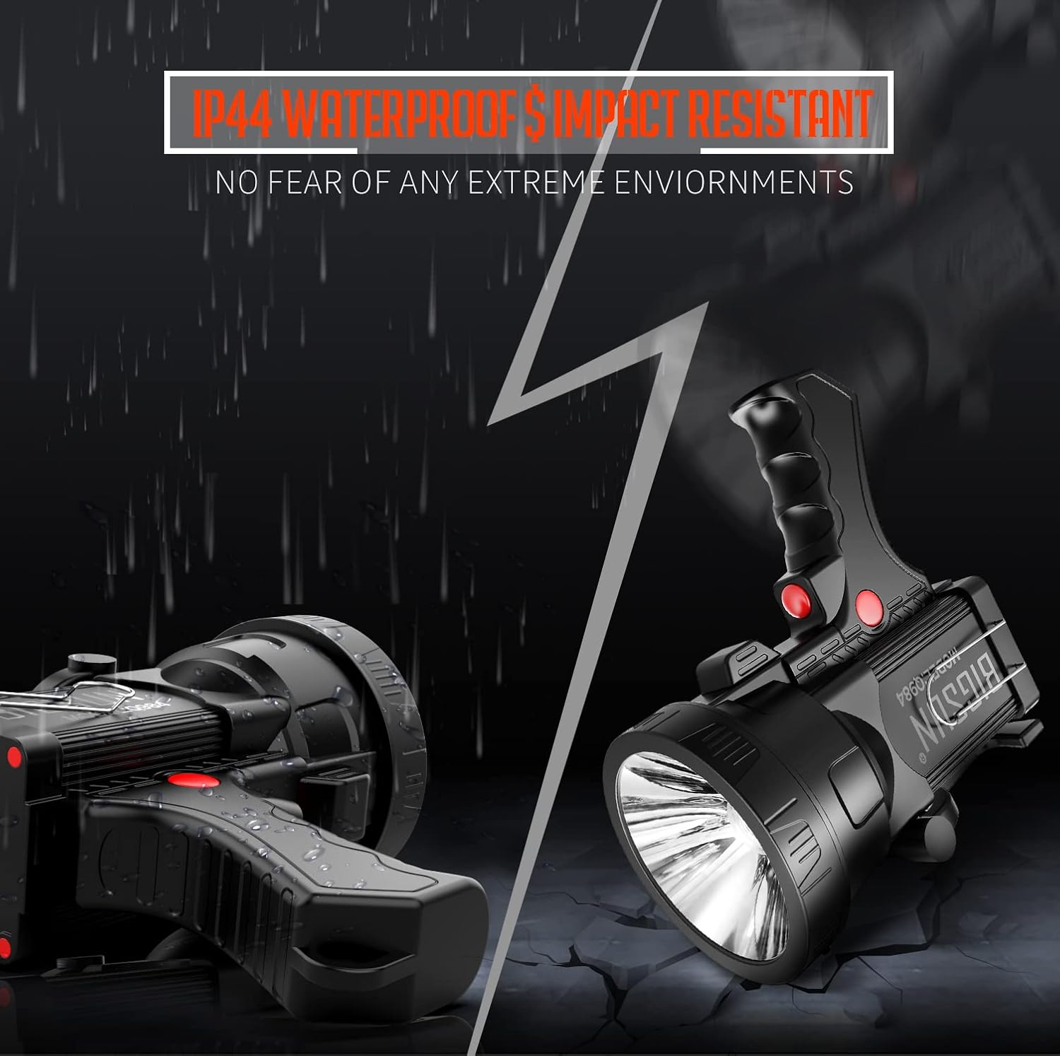 BIGSUN Q953 Rechargeable Spotlight,100000 High Lumen LED Flashlightv with COB Flood Light, Built-in 10,000 mAh Li-Ion Battery for Patrol, Working, Hunting, Red Lens and Tripod