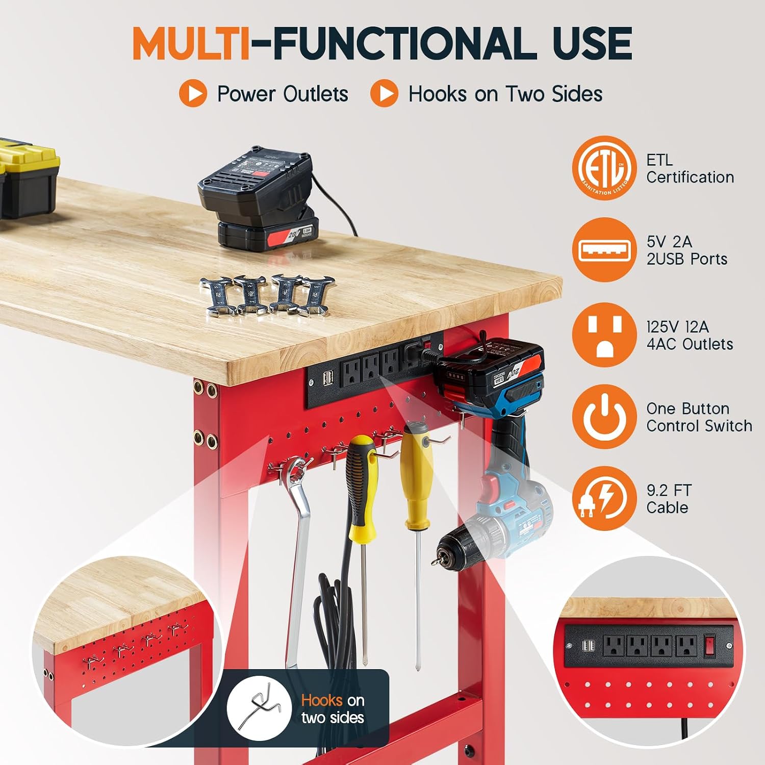 Albott 44 x 20-Inch Adjustable Workbench | 2000 Lbs Capacity, Solid Rubber Wood Top, Power Outlets and Hooks, for Garage, Workshop and Home Office, Black