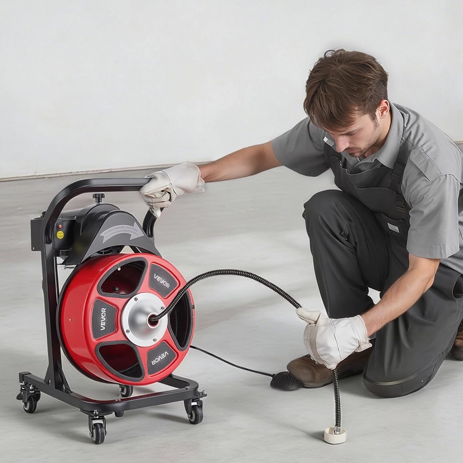 VEVOR Drain Cleaner Machine 75 FT x 3/8 Inch, Auto Feed Sewer Snake Auger on Wheels, Portable Drain Cleaning Machine with 4 Cutters & Air-activated Foot Switch for 2" to 4" Pipes