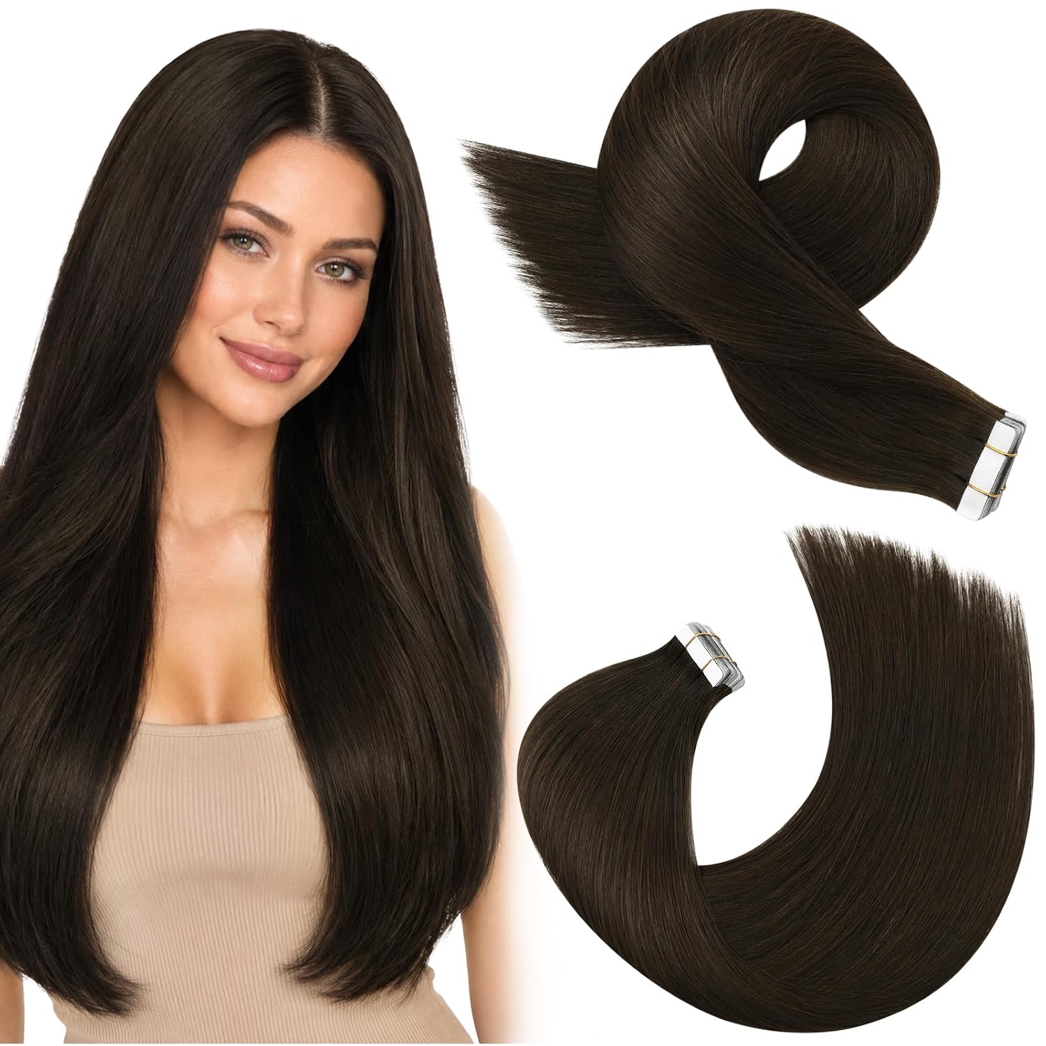 Moresoo Black Tape in Hair Extensions Human Hair, 18 Inch, 20Pcs, 50g
