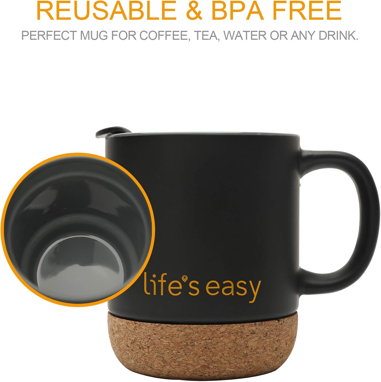 Life's Easy 12 oz Coffee Mug with Insulated Cork Bottom and Push-On Splash-Proof Lid - Black