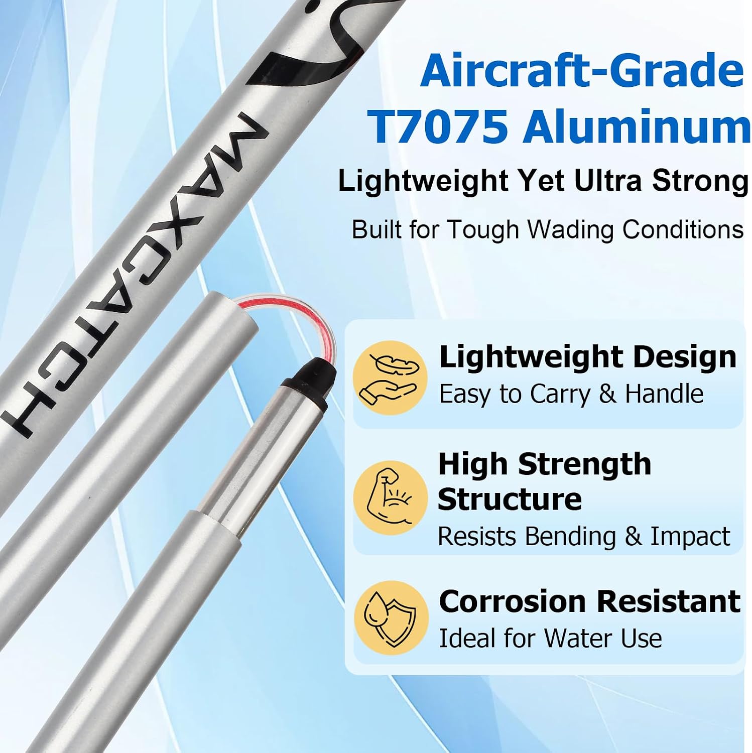 Maxcatch Foldable Wading Staff, T7075 Aluminum Wading Stick with Reinforced PVC-Coated Steel Cable & Secure Lock System