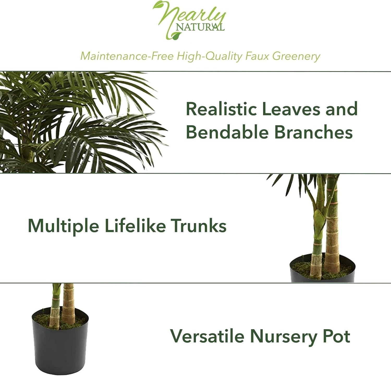 Nearly Natural 6.5 ft Artificial Golden Cane Palm Tree with Nursery Pot | Lifelike Silk Indoor Palm, Three Textured Trunks, Flexible Fronds, Low-Maintenance