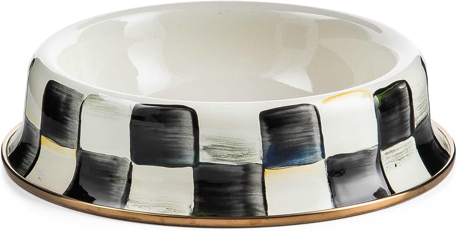 MACKENZIE-CHILDS Enamel Pet Dish, Large, Black-and-White Courtly Check | Decorative cat and dog bowl for food and water, 40-ounce capacity
