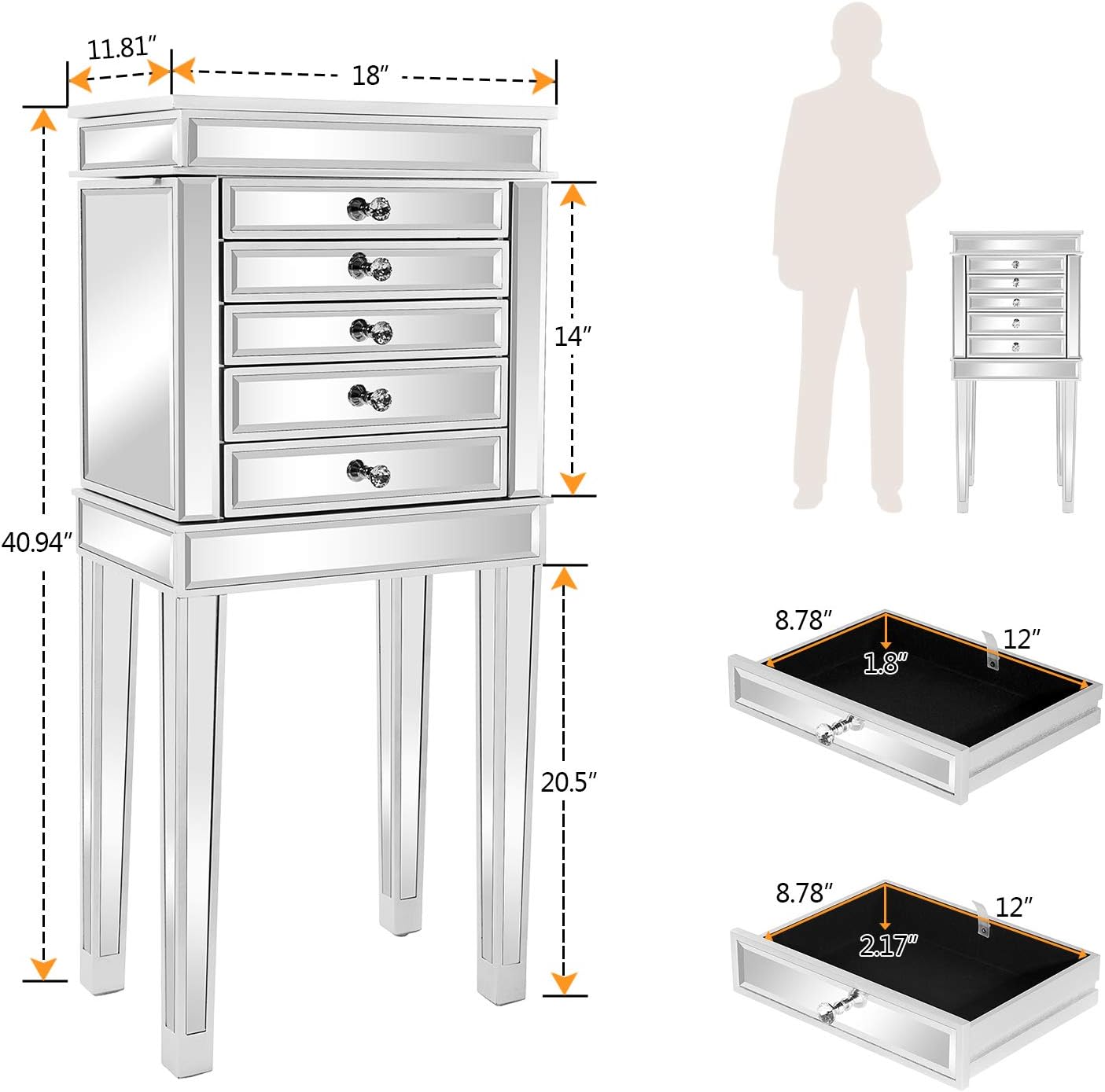 VINGLI Mirrored Jewelry Armoire, Mirror Jewelry Cabinet Standing with 6 Drawers & 2 Side Doors, Jewelry Armoire Cabinet, Standing Jewelry Box