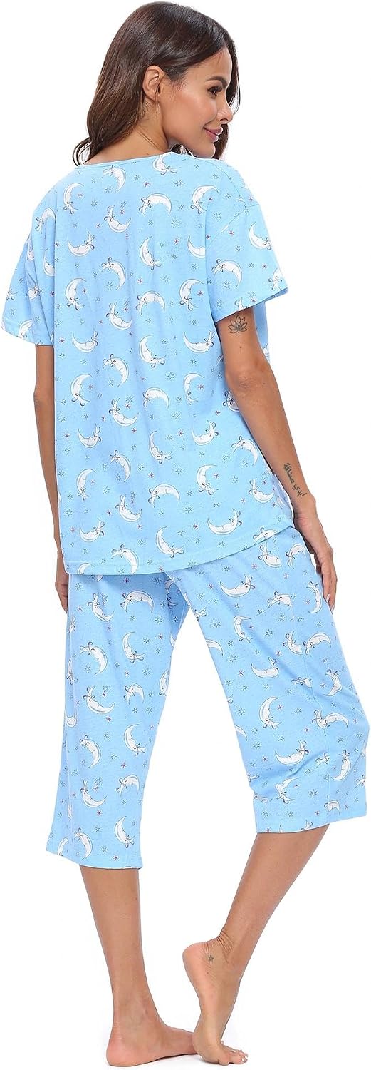 ENJOYNIGHT Womens Pajama Set Cotton Short Sleeve Top With Capri Pants Pj