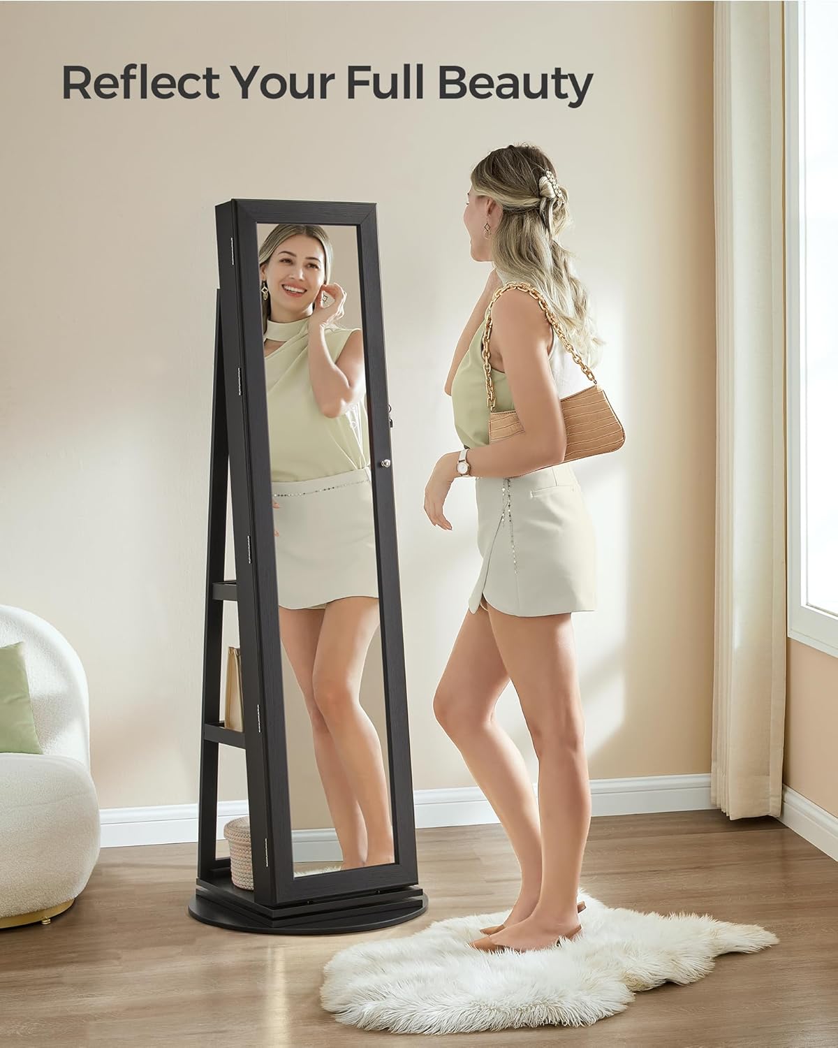 SONGMICS 360° Swivel Jewelry Cabinet, Full-Length Mirror, Lockable