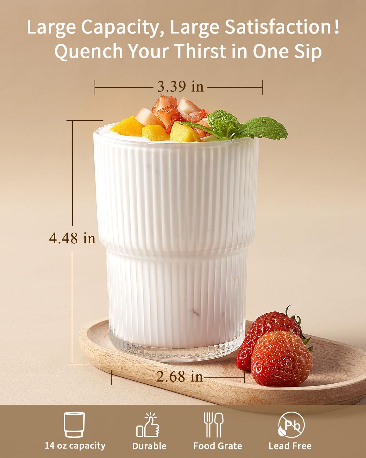 6PCS Ribbed Drinking Glasses, 14Oz Stackable Glass Cup Set for Bar & Kitchen | Fluted Designed