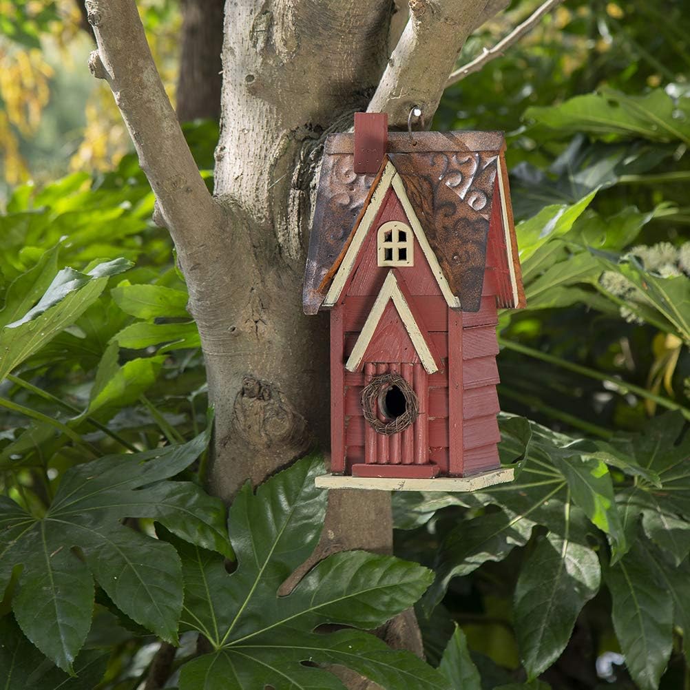 Glitzhome 12" H Green Hanging Distressed Solid Wood Garden Bird House Decorative Birdhouse