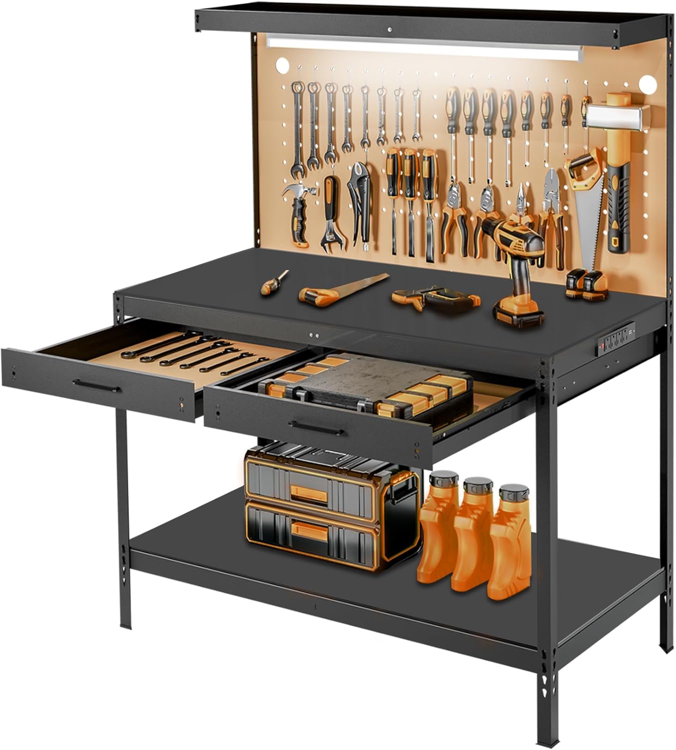 Pterying Work Benches for Garage, 3-Tier, A3 Steel | For Garage, Workshop & Basement, 2 Drawers, 4 AC Outlets, 2 USB Ports, Pegboard, 12 Hooks