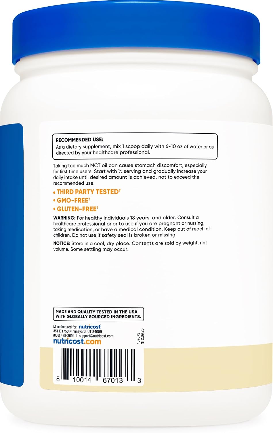 Nutricost C8 MCT Oil Powder 1LB (16oz) Vanilla Flavor, Gluten-Free