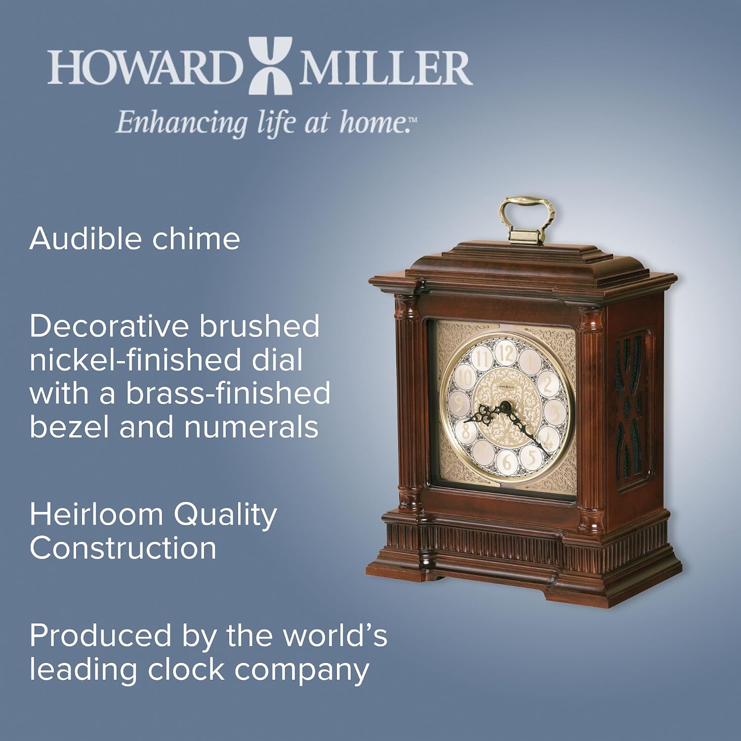 Howard Miller Akron II Mantel Clock – Windsor Finish, Dual-Chime Kieninger Movement, Arabic Numerals, Brushed Nickel Dial, Wooden Base