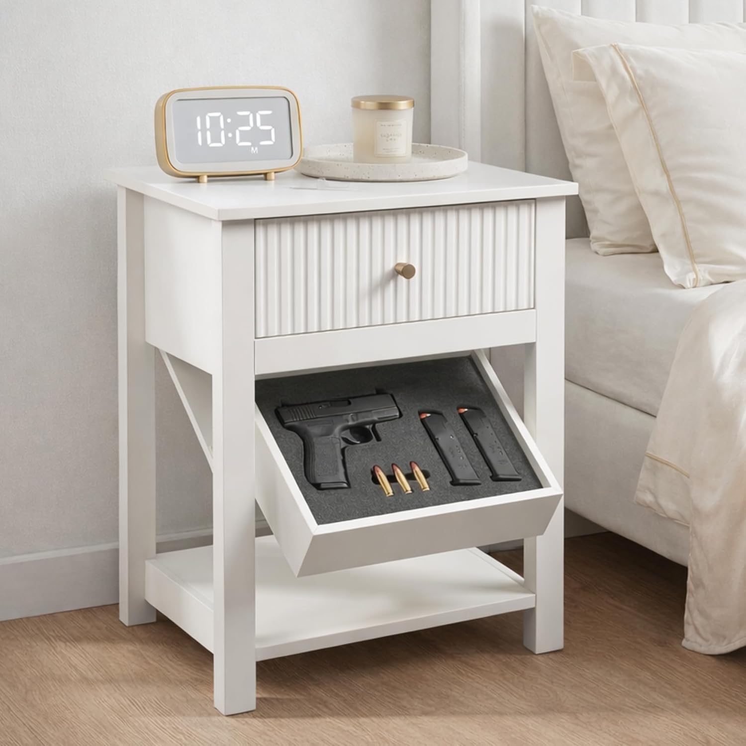 Nightstand with Gun Drawer White Bedside Table Hidden Compartment | Modern Farmhouse Side Table, Handgun Safe for Wood End Table, Open Shelf Storage