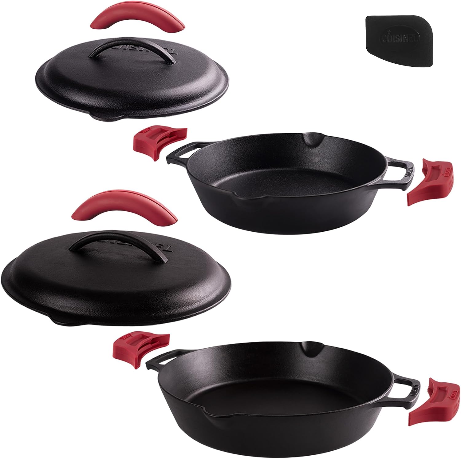 Cuisinel Cast Iron Skillet with Lid - 10"-Inch Pre-Seasoned Frying Pan + Glass Cover + Heat-Resistant Handle Holder - Indoor/Outdoor Use - Grill, Stove, Camp Firepit, Induction - Oven Safe Cookware
