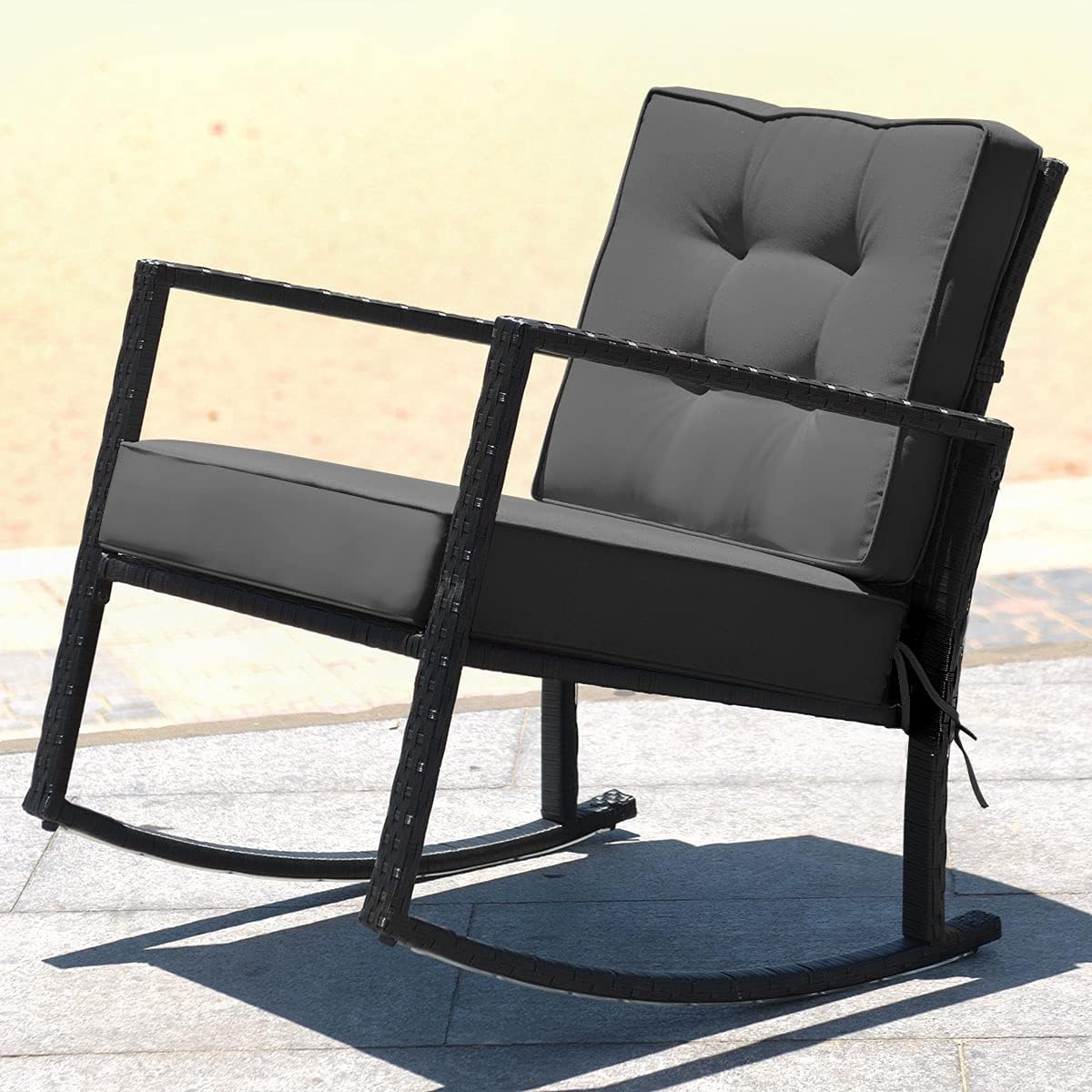 Tangkula Wicker Rocking Chair, Outdoor Glider Rattan Rocker Chair with Heavy-Duty Steel Frame
