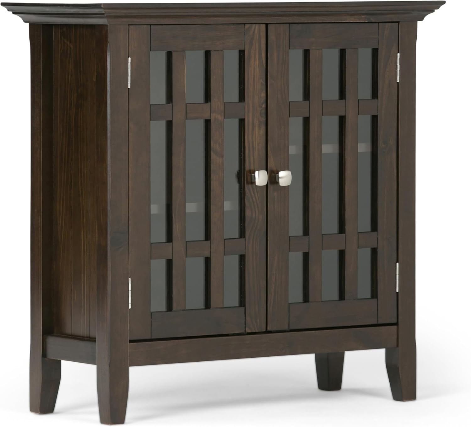 SIMPLIHOME Bedford 62" Wide Solid Wood Sideboard in Brunette Brown | Transitional low media console with glass doors and storage shelves for the living room, entryway or dining room.