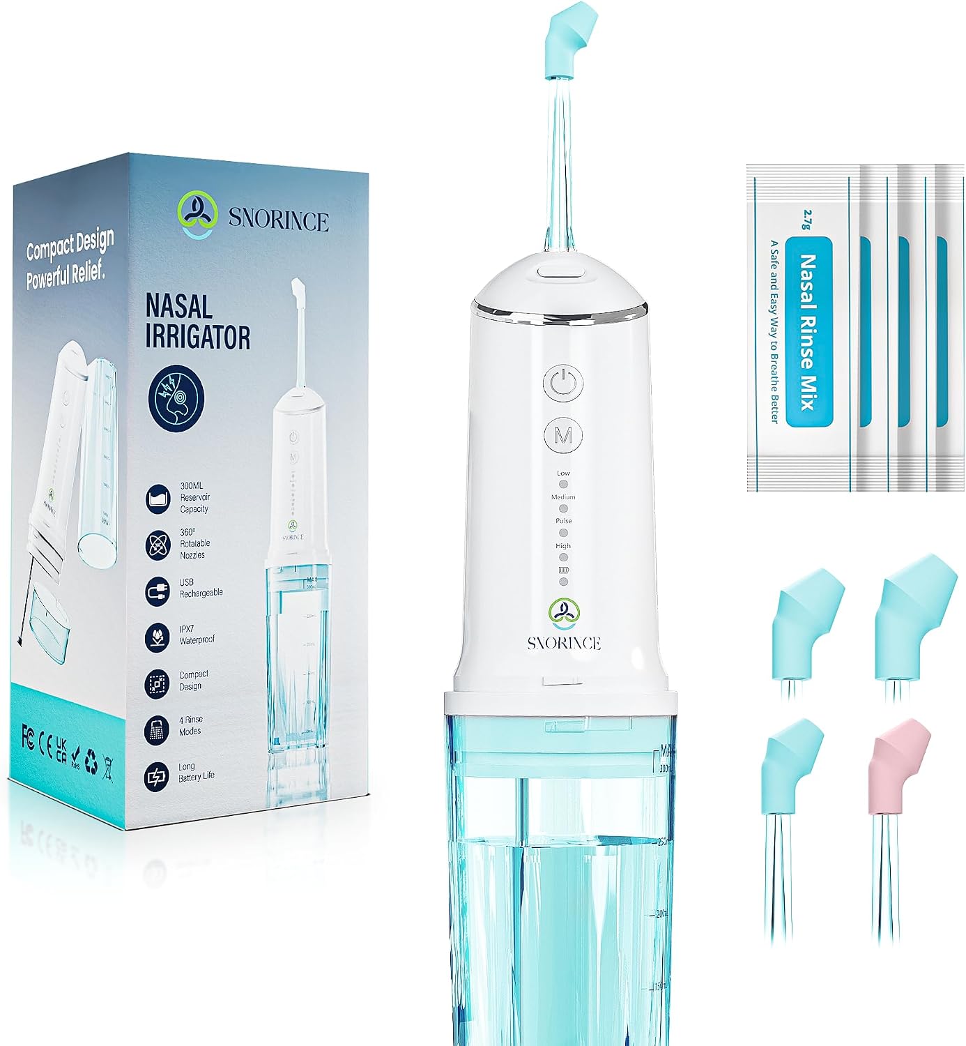 Nasal Irrigation System for Sinus Relief 30 Salt Packs 4 Rinse Modes | 4 Nozzles Portable Cordless Electric Neti Pot Nose Cleaner - Sinus Flush Kit