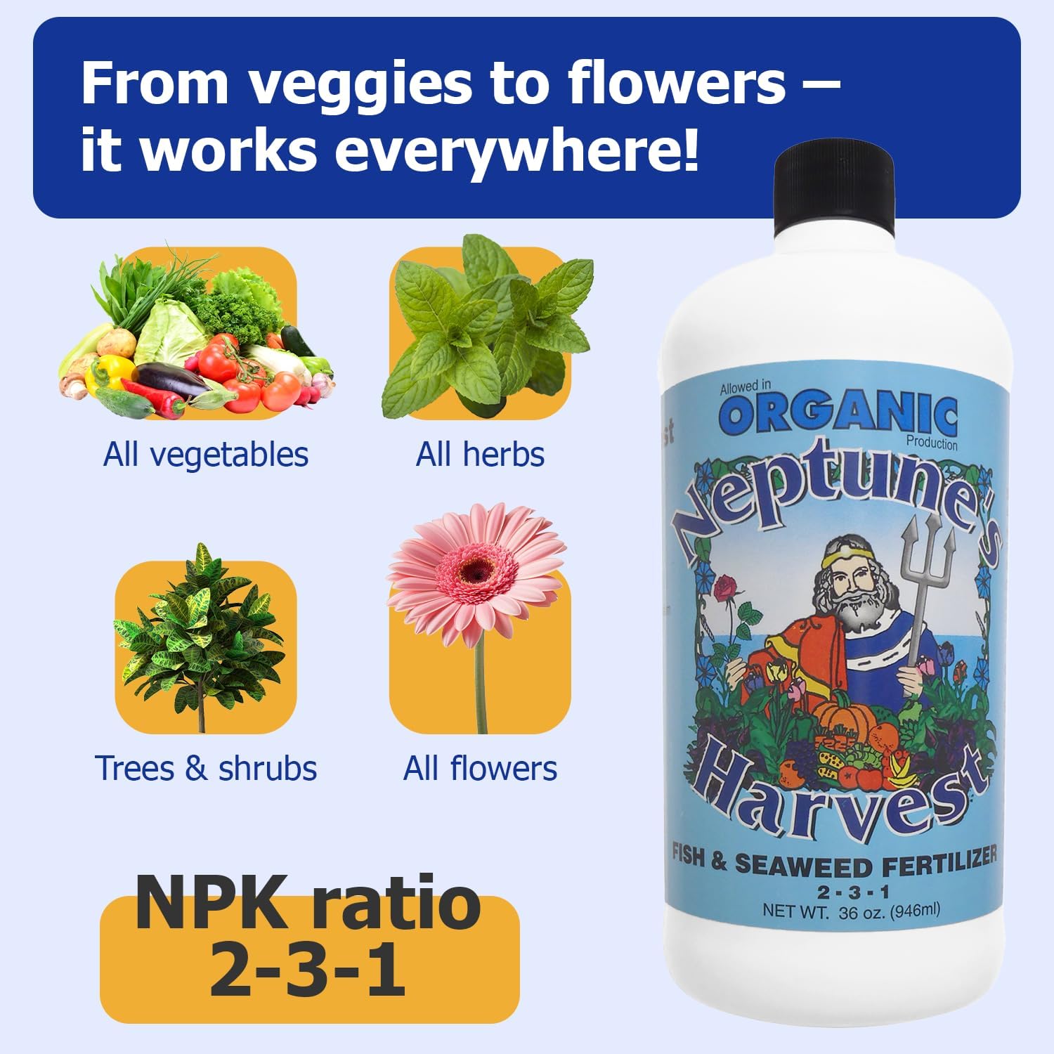 Neptune's Harvest Fish & Seaweed Liquid Fertilizer (2-3-1) - 1 Gallon Bottle - Plant Food for Garden - Indoor & Outdoor Organic Plant Fertilizer for Vegetables, Flowers, Fruit, and Lawns